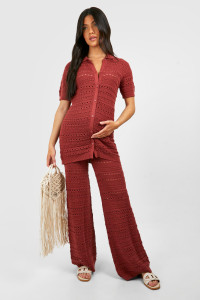 Maternity Crochet Knitted Shirt And Wide Leg Trouser Co-Ord - Orange - 16 product