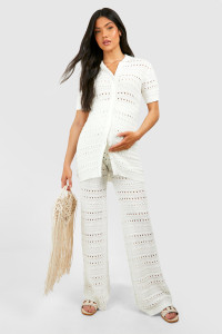 Maternity Crochet Knitted Shirt And Wide Leg Trouser Co-Ord - White - 16 product