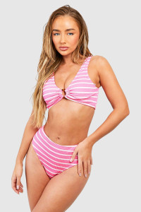 Stripe Crinkle O-Ring Bikini Set - Pink - 12 product