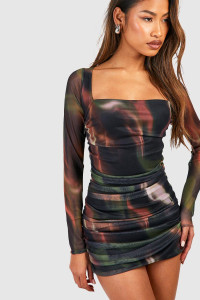 Abstract Rouched Mesh Mini Dress - Multi - 12 product