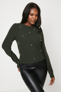 Womens All Over Pearl Puff Sleeve Brushed Long Sleeve Top product