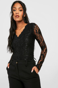 Tall Lace Long Sleeved Bodysuit - Black - 18 product