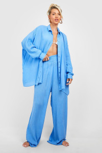 Shirred Waist Woven Wide Leg Beach Pants - Blue - M product
