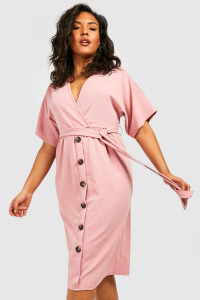Plus Belted Button Down Midi Dress - Pink - 26 product