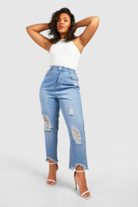Plus Ripped Distressed High Waisted Mom Jeans - Blue - 18 product