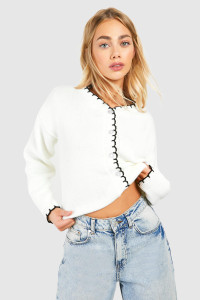 Blanket Stitch Knitted Crop Cardigan - Cream - M product