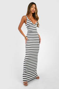 V Neck Plunge Stripe Maxi Dress - Black - 10 product