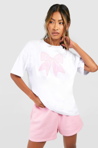 Lace Bow Applique Oversized T-Shirt - White - M product