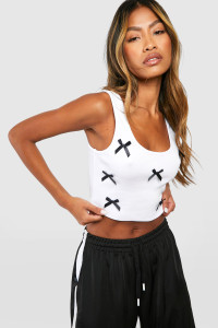 Satin Bow Applique Ribbed Crop Top - Black - 14 product