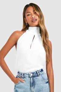 Hammered Split Front High Neck Blouse - White - 16 product