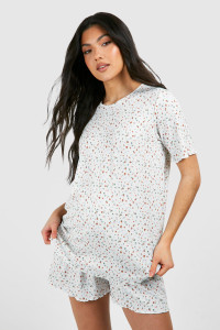 Maternity Ribbed Ditsy Floral Print Pyjama Short Set - White - 16 product