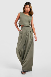 High Waisted Pleated Wide Leg Trouser - Green - 16 product