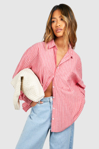 Oversized Pocket Detail Fine Stripe Shirt - Red - 14 product