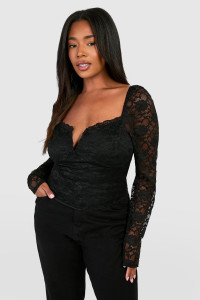 Plus Lace Puff Sleeve Corset Top - Black - 16 product