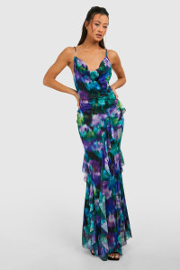 Tall Floral Mesh Ruffle Maxi Dress - Purple - 16 product