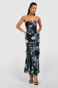 Tall Bandaeu Floral Mesh Ruffle Midaxi Dress - Black - 10 product