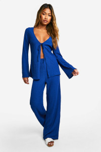 Textured Crinkle Tie Front Top & Wide Leg Trousers - Blue - 14 product