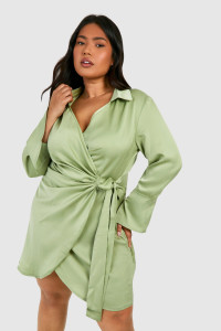 Plus Satin Wrap Shirt Dress - Green - 16 product