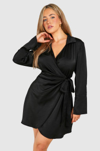 Plus Satin Wrap Shirt Dress - Black - 20 product