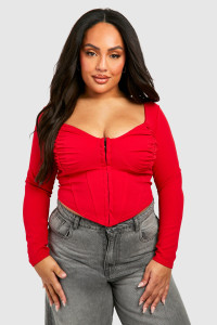Plus Ruched Detail Hook And Eye Corset Top - Red - 16 product