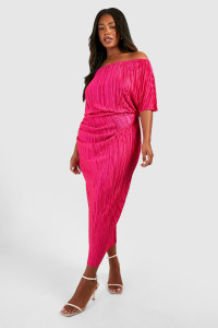 Plus Off The Shoulder Plisse Midi Dress - Pink - 16 product