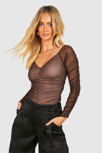 Mesh Ruched Off The Shoulder Bodysuit - Brown - 14 product
