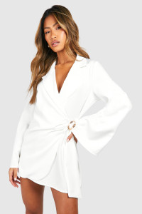 Buckle Detail Tie Waist Tailored Blazer Dress - White - 10 product