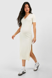 Maternity Soft Rib Short Sleeve Midi Dress - White - 10 product