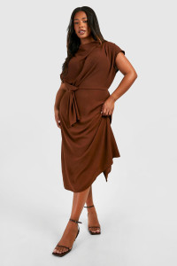 Plus Knot Cowl Neck Midi Column Dress - Brown - 18 product