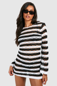 Tall Stripe Crochet Beach Open Back Mini Dress - Black - 18 product