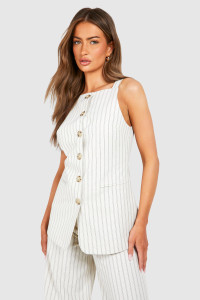 Textured Pinstripe Mock Horn Button Longline Waistcoat - White - 16 product