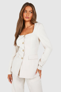 Square Neck Button Front Fitted Blazer - Cream - 12 product