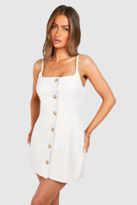 Mock Horn Button Front Fitted Mini Dress - Cream - 12 product