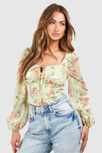 Floral Balloon Sleeve Corset - Green - 14 product