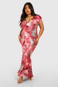Plus Marble Satin Ruffle Sleeve Maxi Dress - Pink - 16 product