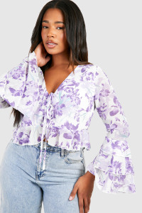 Plus Floral Print Ruffle Top - Purple - 20 product