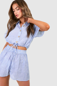 Tonal Stripe Tie Front Crop Shirt & Shorts Set - Blue - 16 product