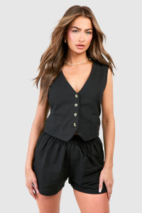 Linen Look Waistcoat & Relaxed Fit Shorts - Black - 16 product
