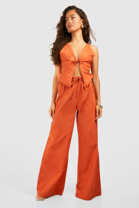Lace Trim Tie Front Top & Wide Leg Trousers - Orange - 6 product