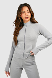 Ribbed High Neck Zip Through Jacket - Ice Grey - L product