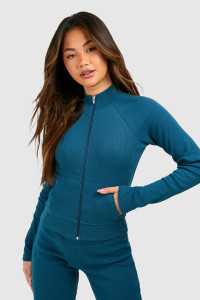 Ribbed High Neck Zip Through Jacket - Green - L product