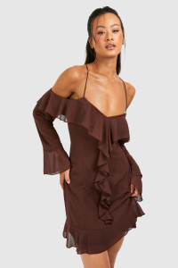 Tall Chiffon Ruffle Off The Shoulder Mini Dress - Brown - 8 product