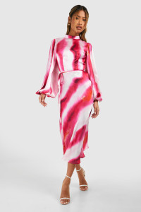 Marble Print Satin Long Sleeve Midi Dress - Pink - 14 product