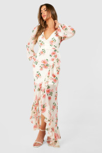 Floral Chiffon Frill Detail Maxi Dress - White - 14 product
