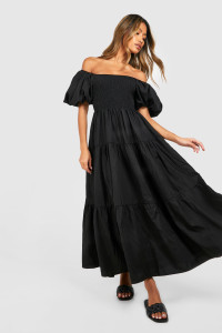 Tiered Shirred Midaxi Smock Dress - Black - 12 product