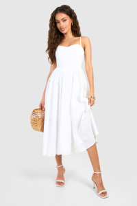 Linen Milkmaid Midi Dress - White - 16 product