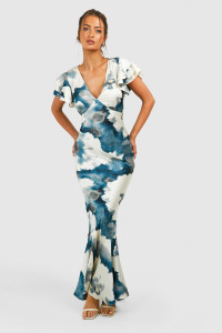 Abstract Satin Ruffle Sleeve Maxi Dress - Blue - 18 product