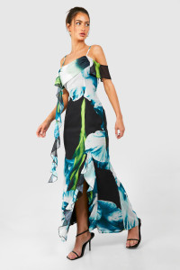 Floral Draped Sleeve Maxi Dress - Blue - 14 product