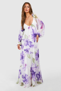 Floral Tiered Chiffon Maxi Dress - Purple - 18 product