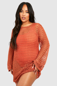 Plus Crochet Open Back Beach Mini Dress - Orange - 20 product